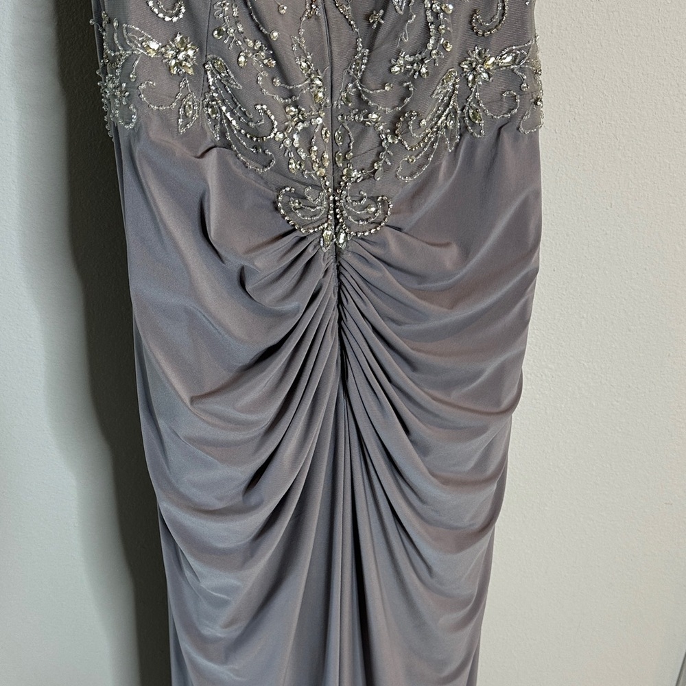Christina Wu Taupe Embellished Illusion Cap Sleeve Maxi Dress - Picture 5 of 7